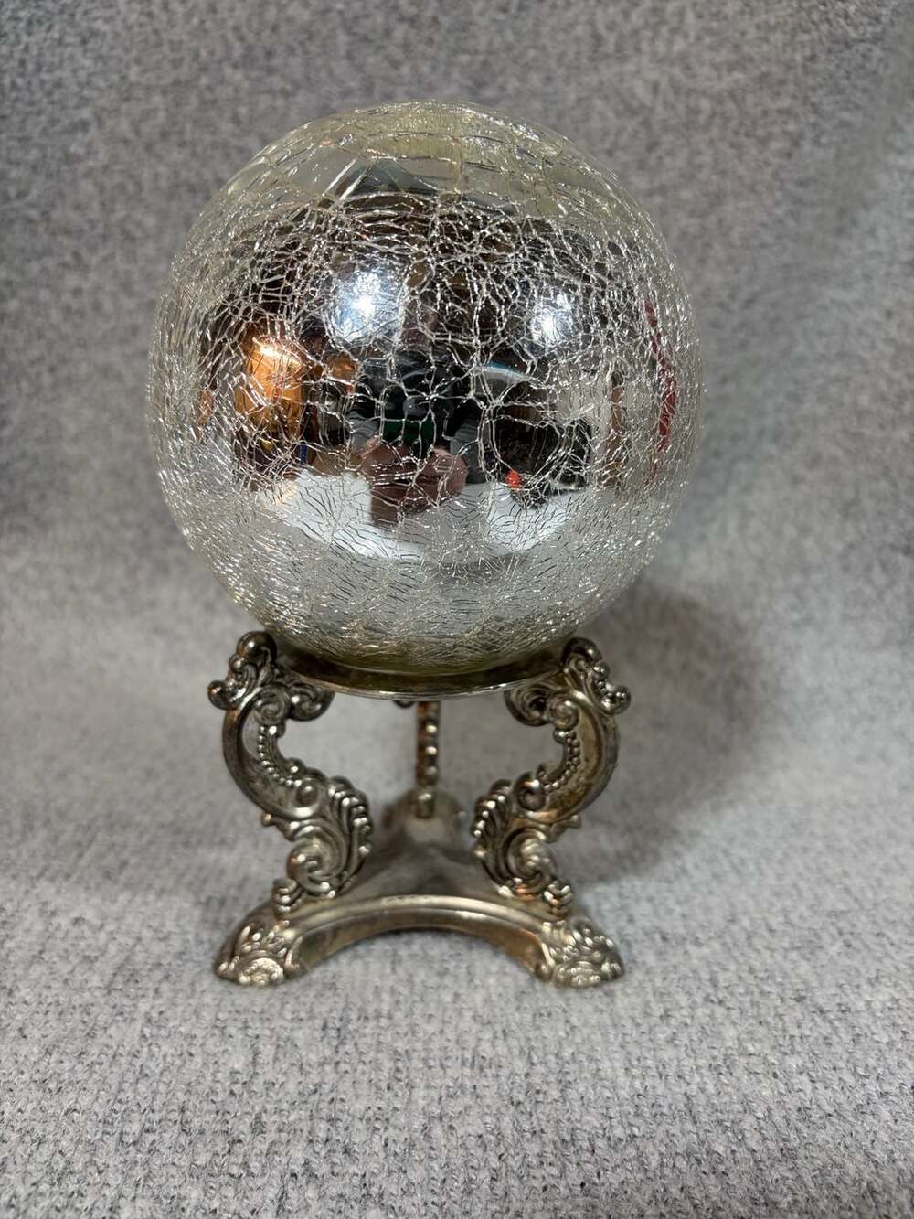 Vintage Godinger Silver-Plated Ornate Stand with Mercury Crackle Glass Sphere